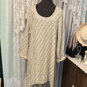 FLAX Linen Scoop-Neck Oversized A-line Dress Long Sleeve Sz M Tan Cream